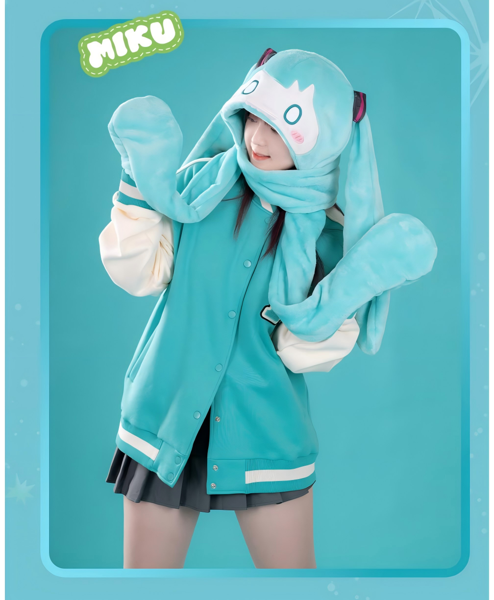 Hatsune Miku Plush Hat Scarf and Gloves 3-in-1 Set，Teal Bunny Ear Design, 220cm Scarf Length, 24cm Hat Height, Polyester Fleece, Anime Cosplay Accessory