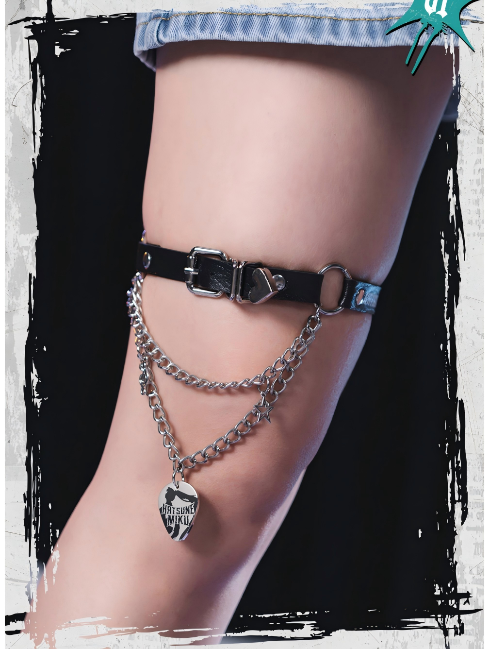 Miku Choker Necklace, Black Leather with Silver Chain, Rock Punk Hip-Hop Style, Guitar Pick Pendant, Adjustable 46cm