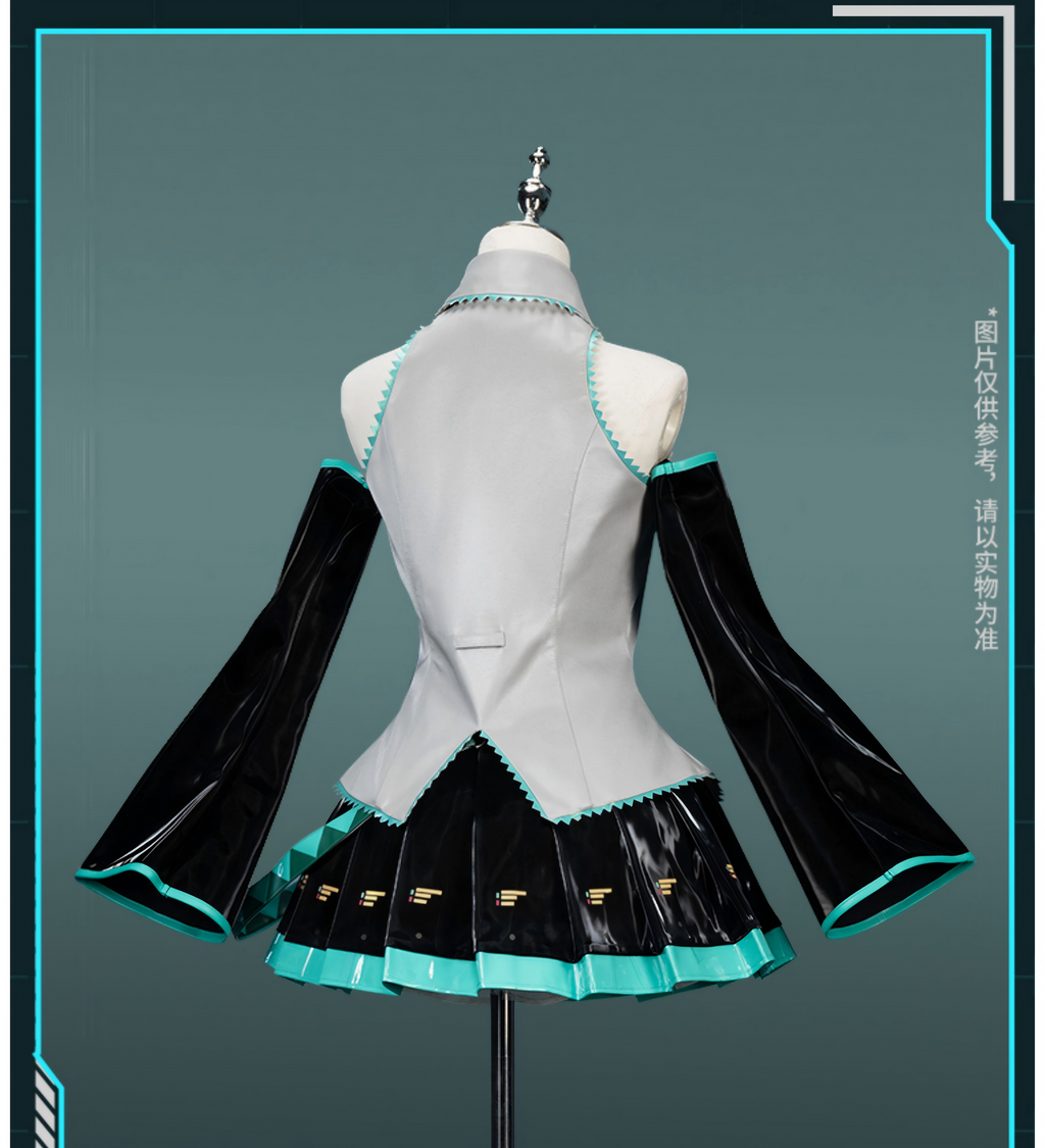 Hatsune Miku Cosplay Costume Set, Liquid PU Leather, Top, Skirt, Tie, Sleeves and Leg Warmers Included（S+ version）