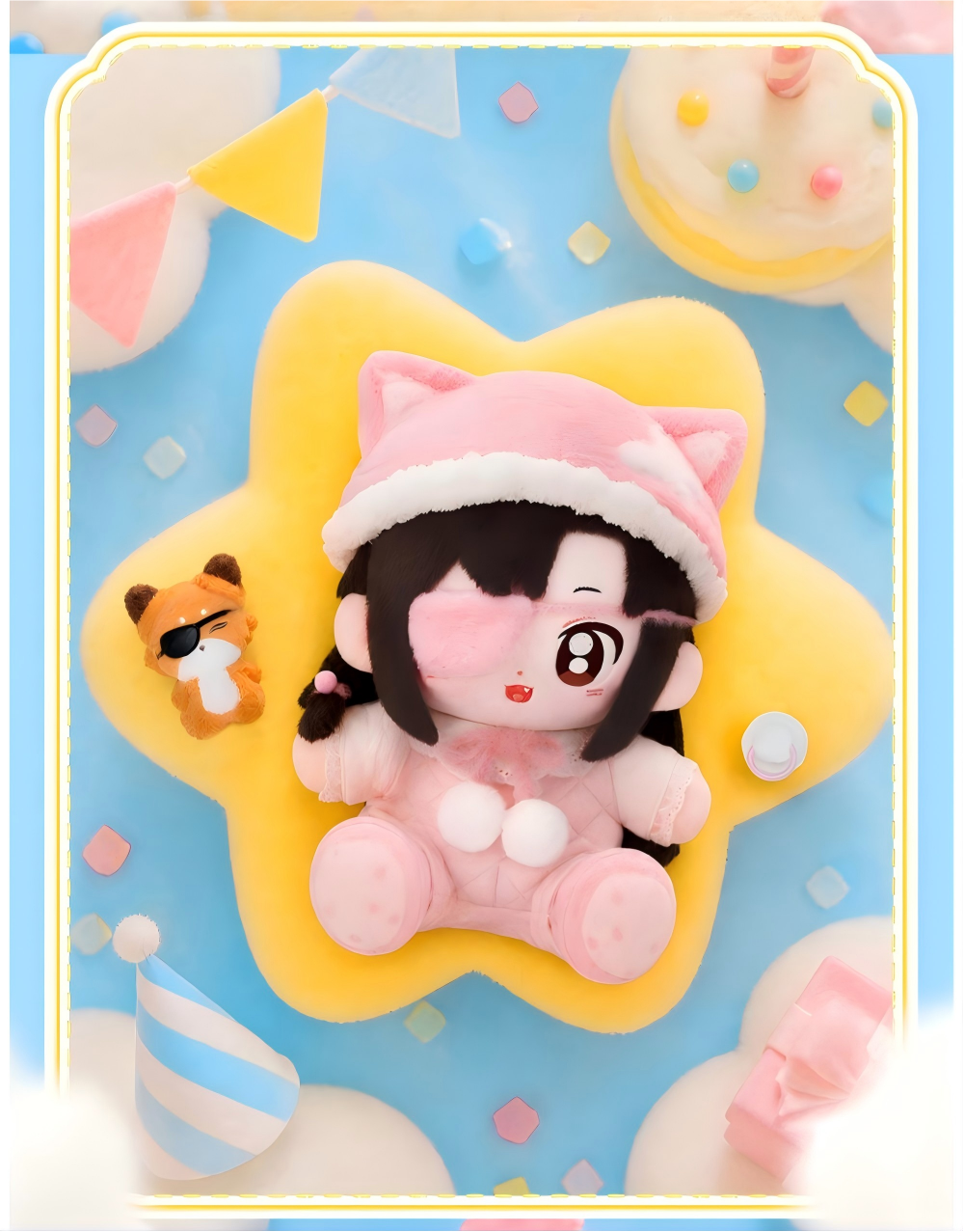 Heaven Official's Blessing Hua Cheng Sitting Plush Toy, Pink Cat Costume, Magnetic Fox Accessory, Birthday Limited Edition, 25cm