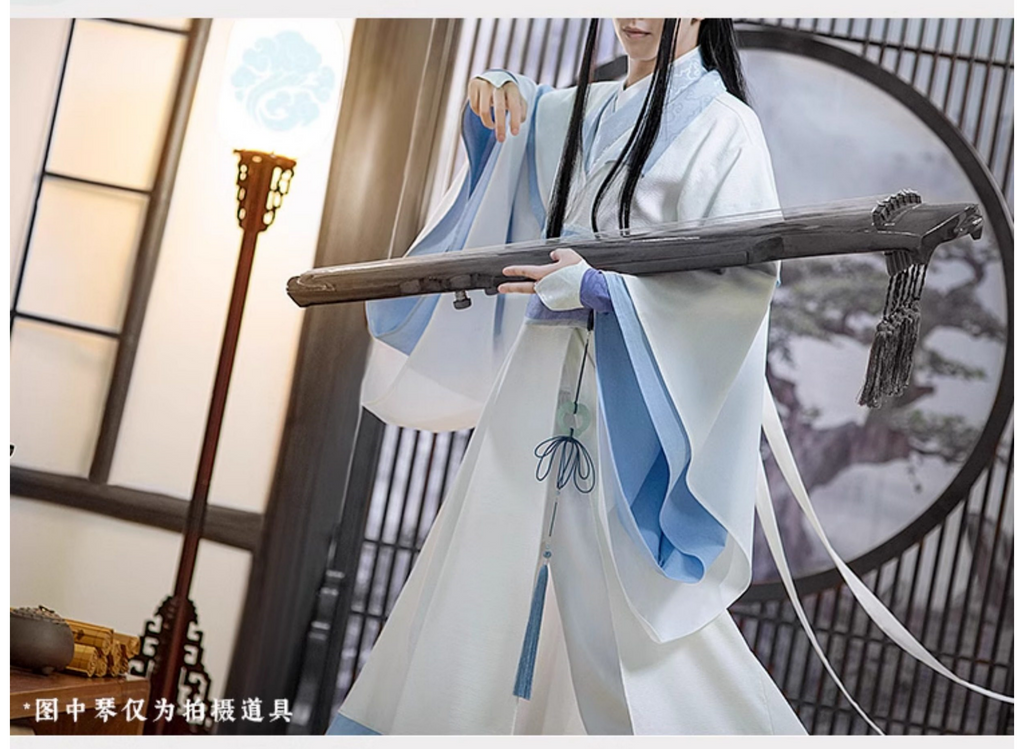 Mo Dao Zu Shi "Lan Wangji" Cosplay Costume Set, Youth Style Hanfu, White and Blue Traditional Chinese Robe with Accessories for Anime Conventions