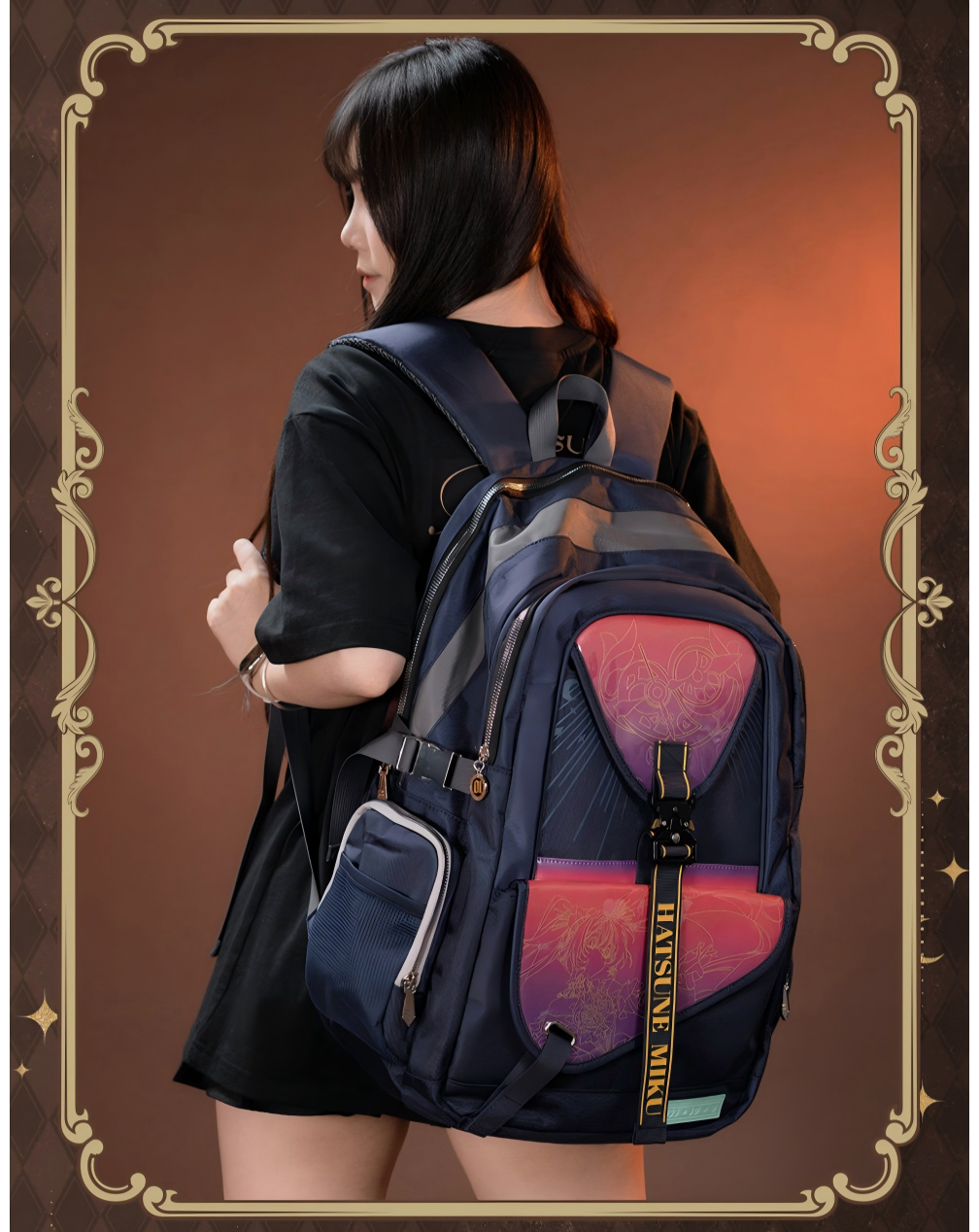 Hatsune Miku Anime Backpack Navy Blue, 34 x 20 x 50 cm | Lightweight, Multifunctional, Multiple Pockets, Padded Shoulder Straps, Anime Character Print