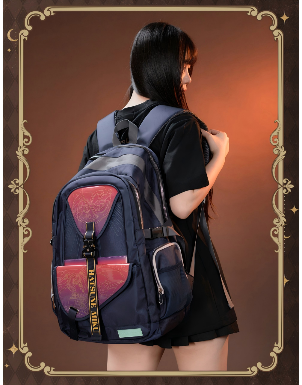 Hatsune Miku Anime Backpack Navy Blue, 34 x 20 x 50 cm | Lightweight, Multifunctional, Multiple Pockets, Padded Shoulder Straps, Anime Character Print