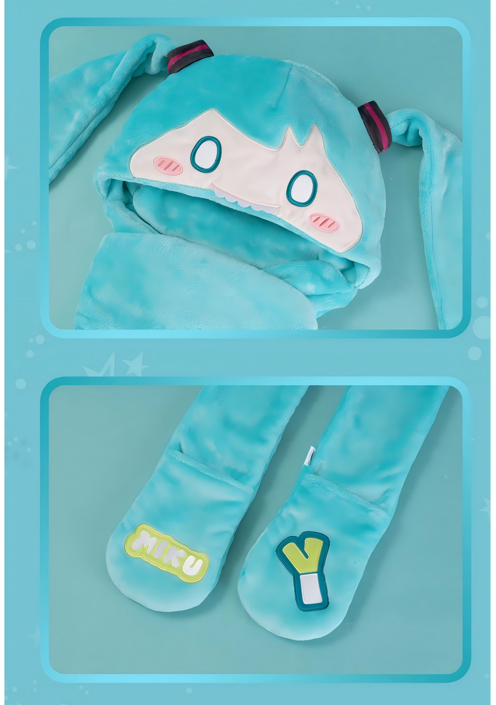 Hatsune Miku Plush Hat Scarf and Gloves 3-in-1 Set，Teal Bunny Ear Design, 220cm Scarf Length, 24cm Hat Height, Polyester Fleece, Anime Cosplay Accessory