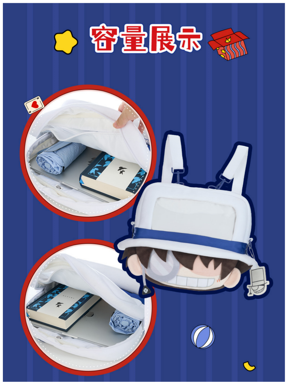 Detective Conan Anime Character Backpack, Large Capacity Shoulder Bag with Plush Toy Design