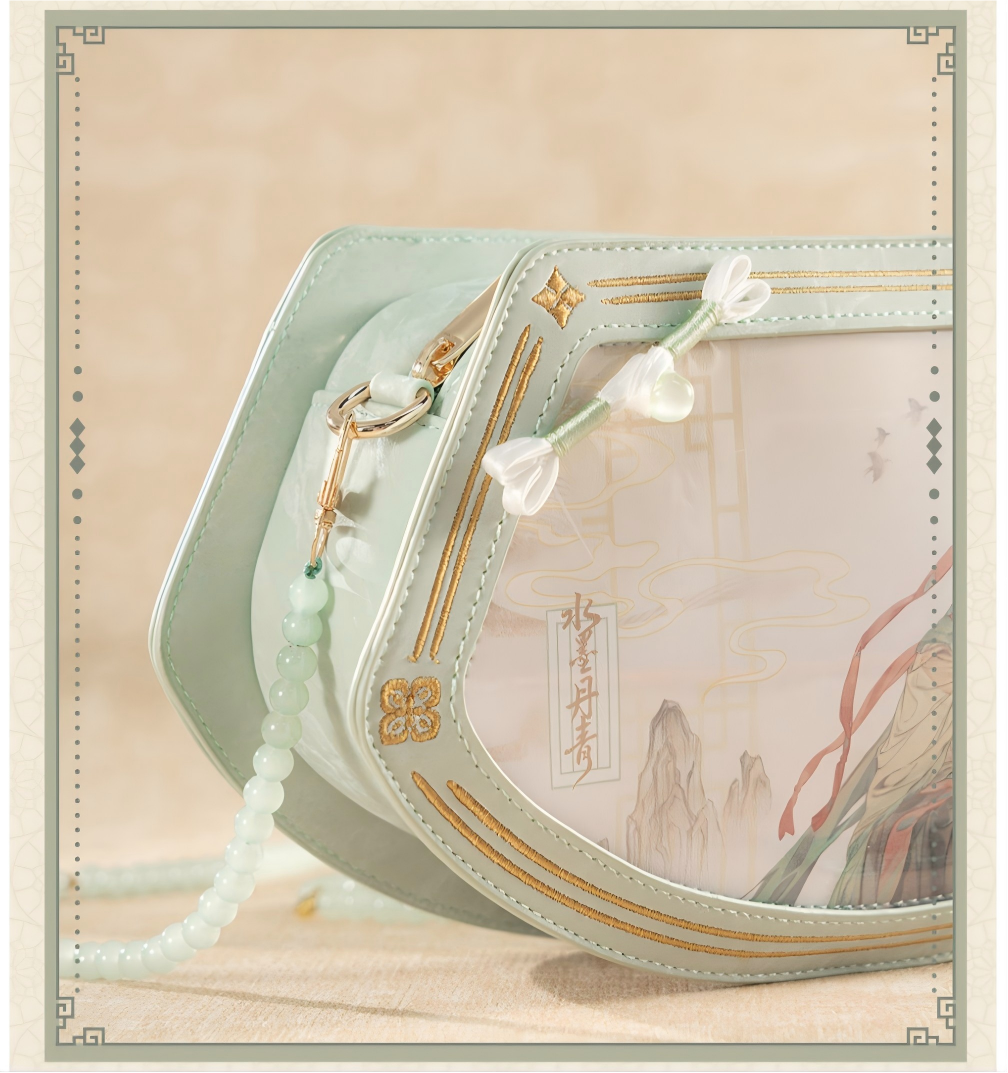 Hatsune Miku Chinese Style Crossbody Shoulder Bag 28x16cm,Fan-Shaped Design, Interchangeable Straps, Resin Beaded Chain, Multiple Zip Pockets, Mint Green