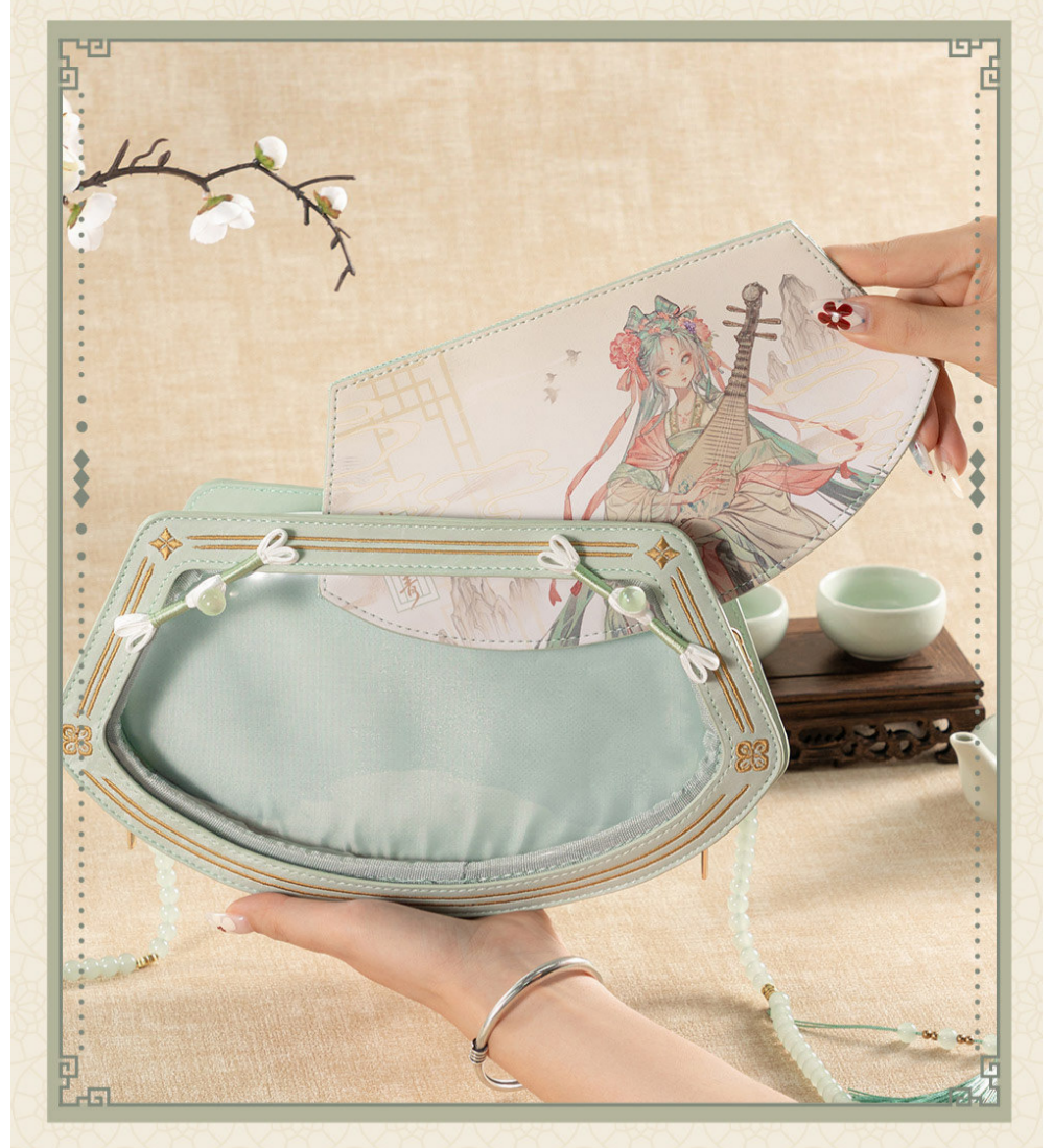 Hatsune Miku Chinese Style Crossbody Shoulder Bag 28x16cm,Fan-Shaped Design, Interchangeable Straps, Resin Beaded Chain, Multiple Zip Pockets, Mint Green