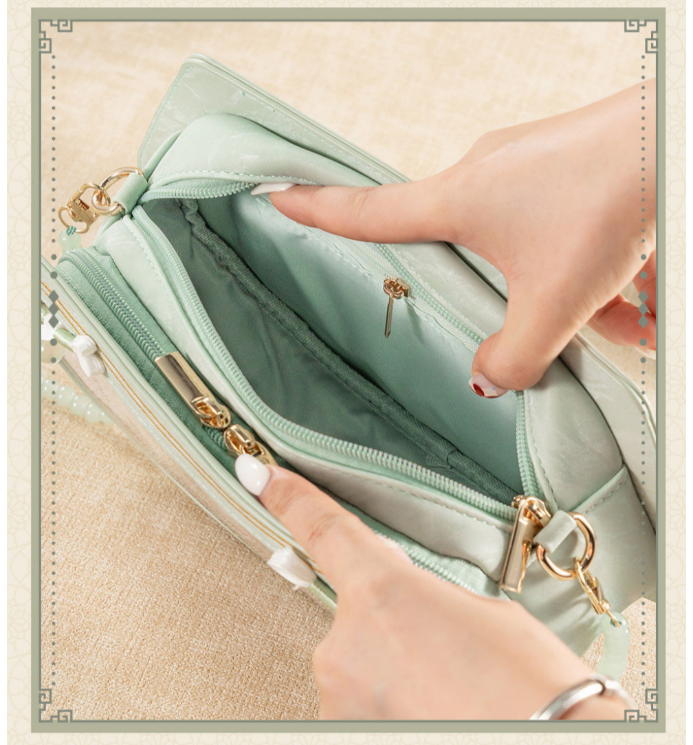 Hatsune Miku Chinese Style Crossbody Shoulder Bag 28x16cm,Fan-Shaped Design, Interchangeable Straps, Resin Beaded Chain, Multiple Zip Pockets, Mint Green