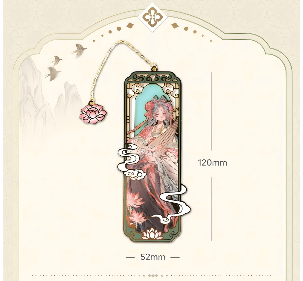 Hatsune Miku Metal Bookmark for Anime Fans with Floral Chain,Gold Chain Pendant, Lotus Flower Charm, 52 x 120mm Size, Chinese Art Style, Enamel Detailing