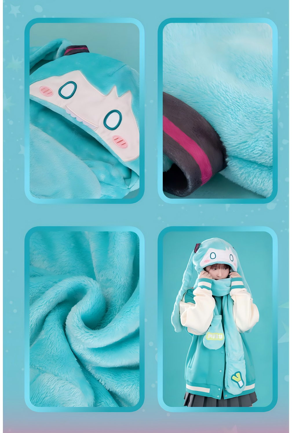 Hatsune Miku Plush Hat Scarf and Gloves 3-in-1 Set，Teal Bunny Ear Design, 220cm Scarf Length, 24cm Hat Height, Polyester Fleece, Anime Cosplay Accessory