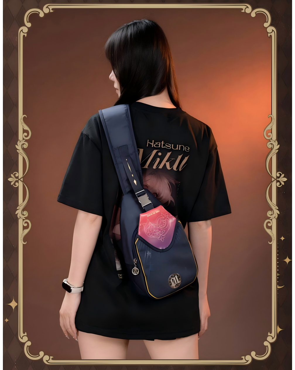 Hatsune Miku Anime Crossbody Sling Bag, 31 x 18 x 9 cm | Shoulder & Chest Carry, Navy Blue with Gold Trim, Gradient Shield Detail, Adjustable Strap, Multifunctional