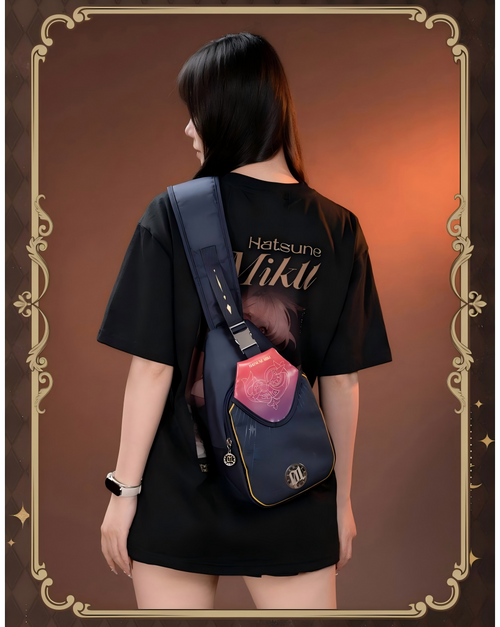 Hatsune Miku Anime Crossbody Sling Bag, 31 x 18 x 9 cm | Shoulder & Chest Carry, Navy Blue with Gold Trim, Gradient Shield Detail, Adjustable Strap, Multifunctional