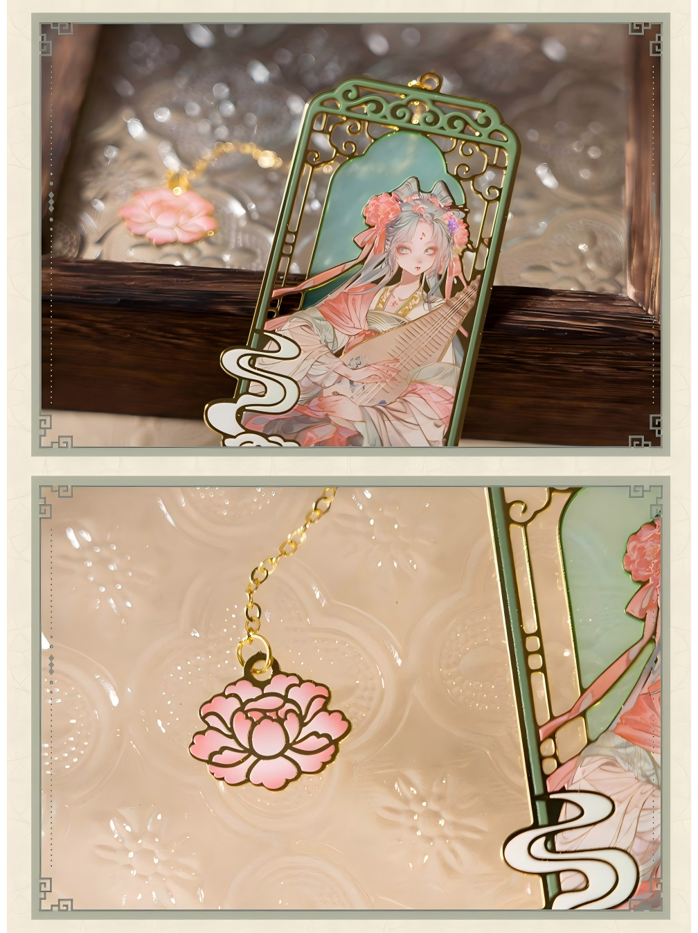 Hatsune Miku Metal Bookmark for Anime Fans with Floral Chain,Gold Chain Pendant, Lotus Flower Charm, 52 x 120mm Size, Chinese Art Style, Enamel Detailing