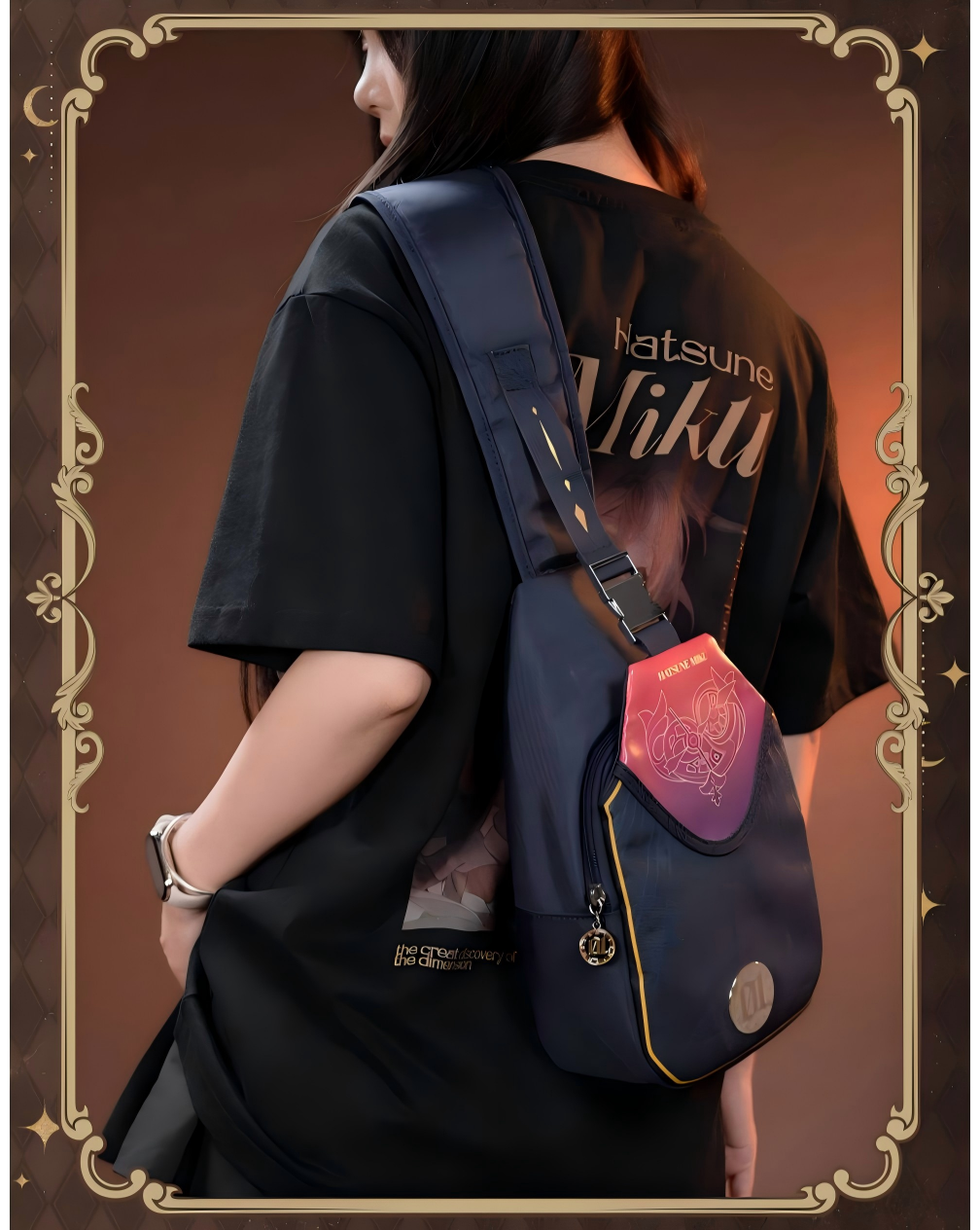 Hatsune Miku Anime Crossbody Sling Bag, 31 x 18 x 9 cm | Shoulder & Chest Carry, Navy Blue with Gold Trim, Gradient Shield Detail, Adjustable Strap, Multifunctional