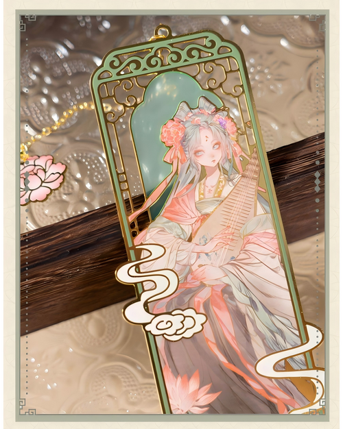 Hatsune Miku Metal Bookmark for Anime Fans with Floral Chain,Gold Chain Pendant, Lotus Flower Charm, 52 x 120mm Size, Chinese Art Style, Enamel Detailing