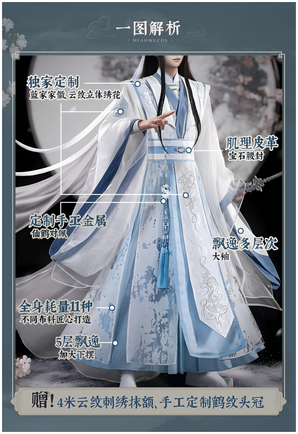 Mo Dao Zu Shi “Lan Wang Ji” Cosplay Costume, “Gong Cang Hai” Series Ancient Style Full Set, Blue and White Cloud Embroidery